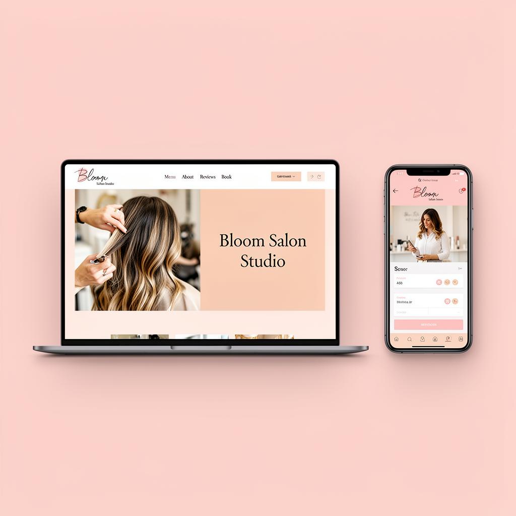 Bloom Salon Studio โ matching website and app mockup