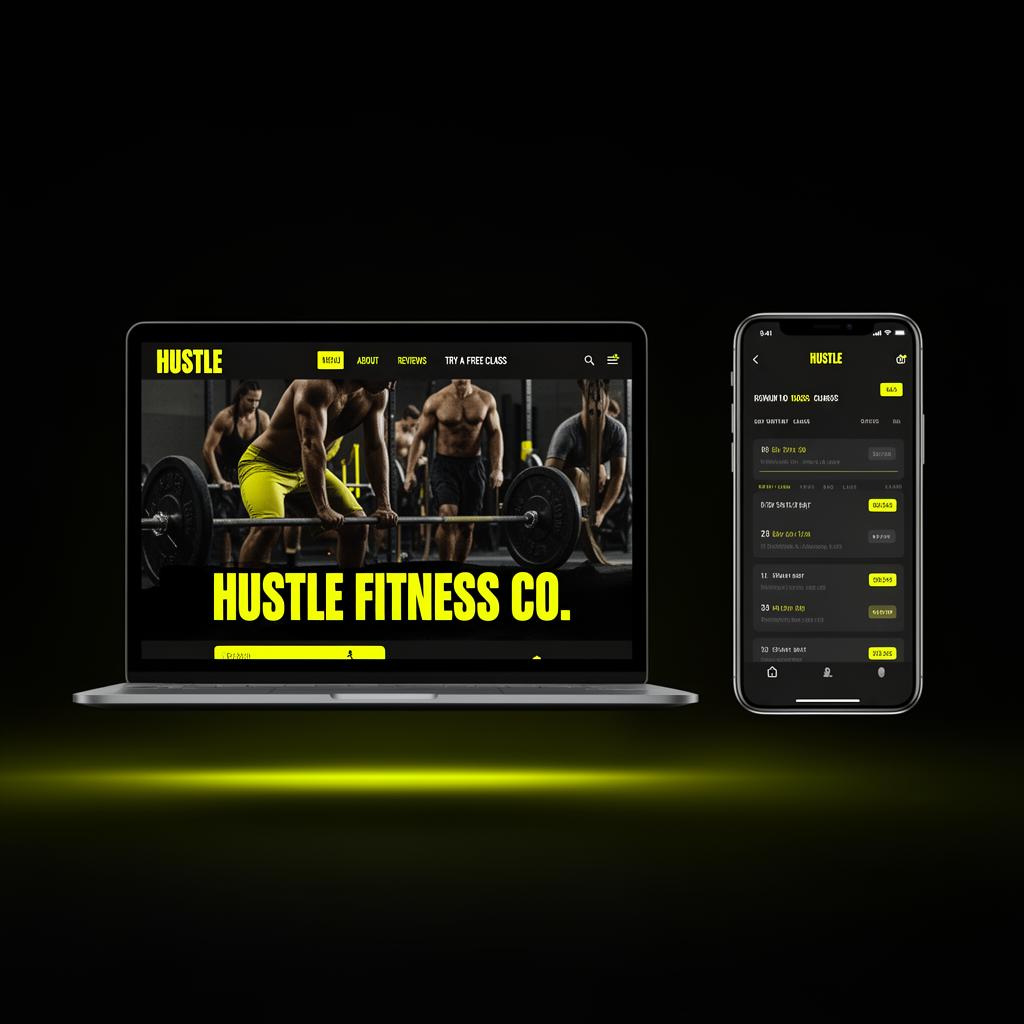 Hustle Fitness Co. โ matching website and app mockup